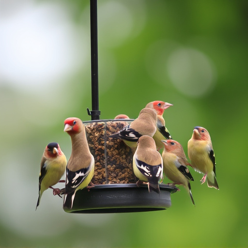 Flock of finches on nyjer feeder