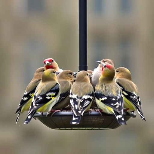 Flock of finches on nyjer feeder