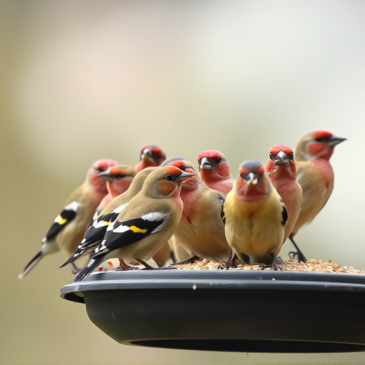 Flock of finches on nyjer feeder