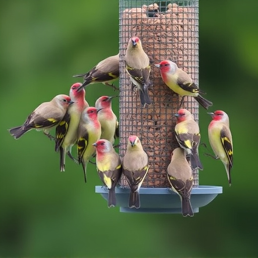 Flock of finches on nyjer feeder