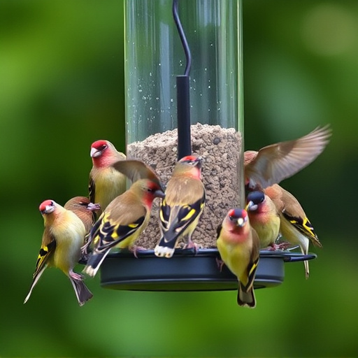 Flock of finches on nyjer feeder