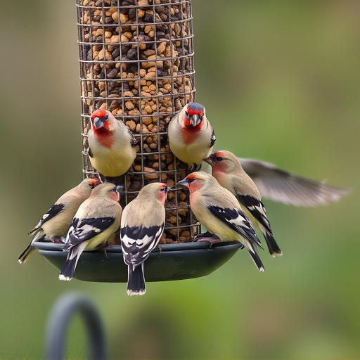 Flock of finches on nyjer feeder