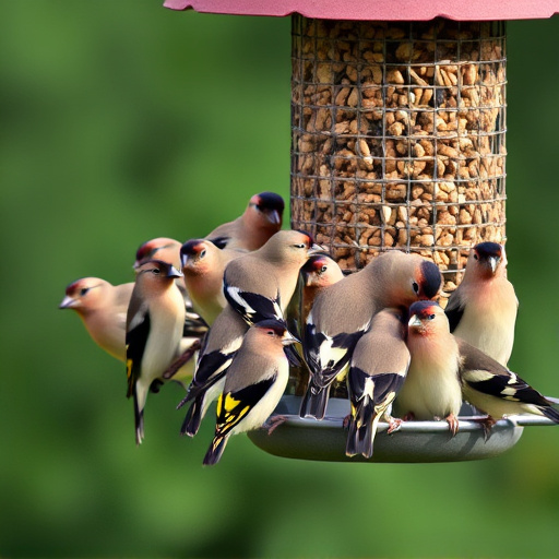 Flock of finches on nyjer feeder