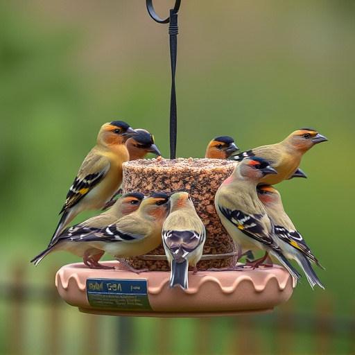 Flock of finches on nyjer feeder