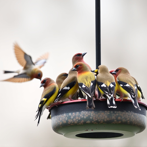 Flock of finches on nyjer feeder