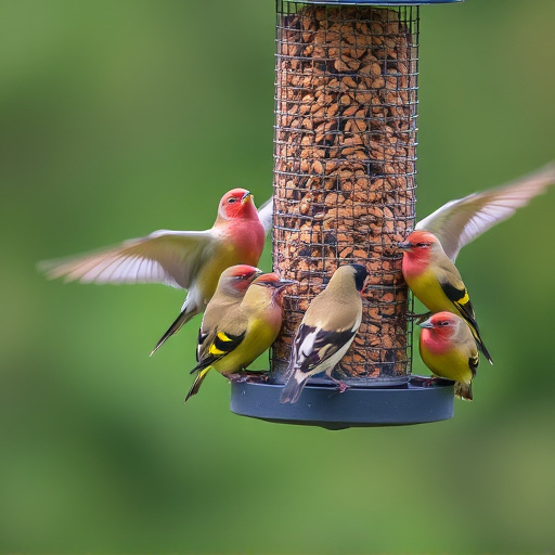 Flock of finches on nyjer feeder