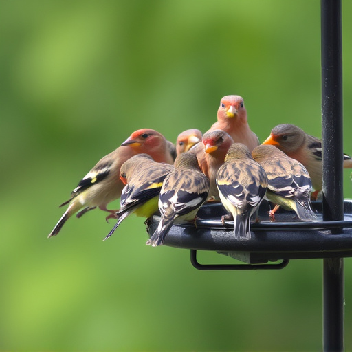 Flock of finches on nyjer feeder
