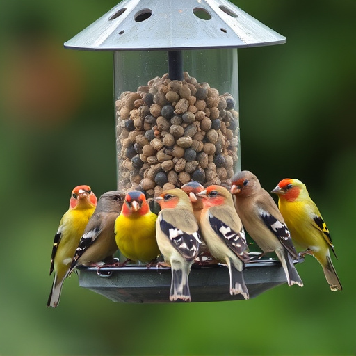Flock of finches on nyjer feeder