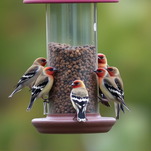 Flock of finches on nyjer feeder