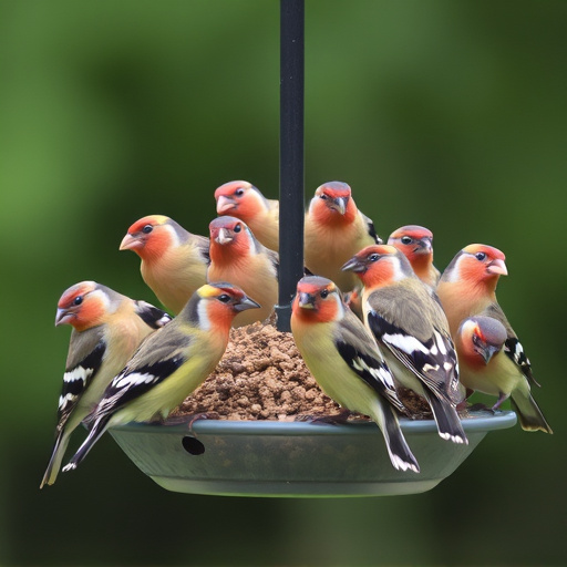 Flock of finches on nyjer feeder