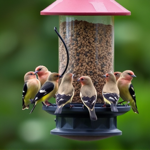 Flock of finches on nyjer feeder