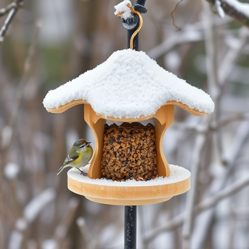 Frost-covered suet feeder in winter garden