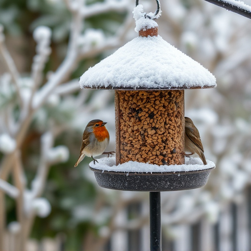 Frost-covered suet feeder in winter garden