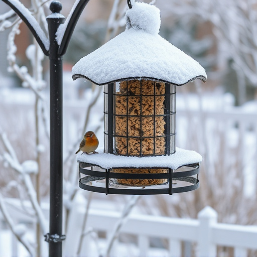 Frost-covered suet feeder in winter garden