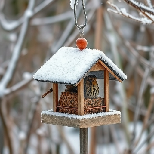 Frost-covered suet feeder in winter garden