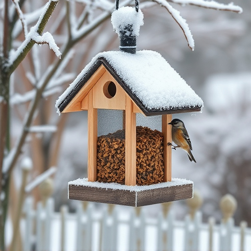 Frost-covered suet feeder in winter garden