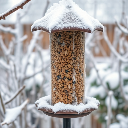Frost-covered suet feeder in winter garden