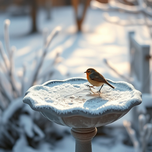 Frosted bird bath in winter morning light