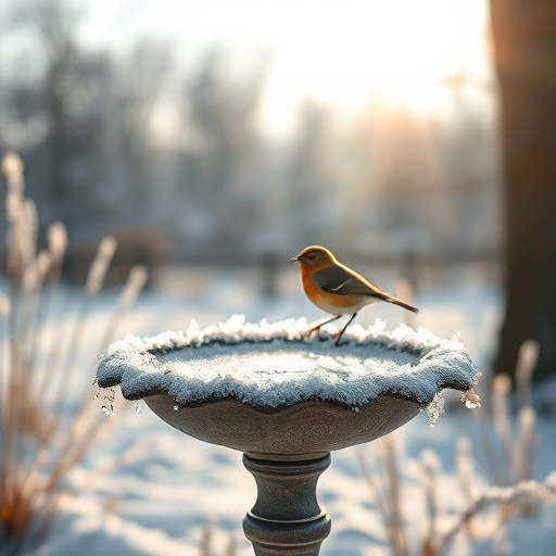 Frosted bird bath in winter morning light