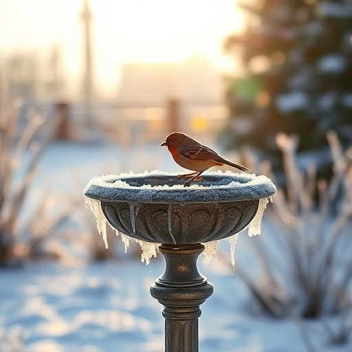 Frosted bird bath in winter morning light