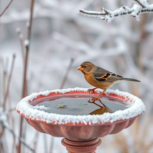 Frosty bird bath visited by small finch