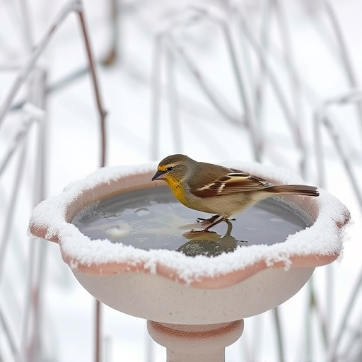 Frosty bird bath visited by small finch