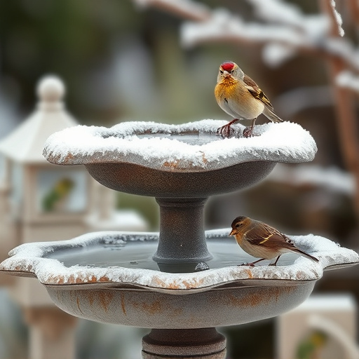 Frosty bird bath visited by small finch