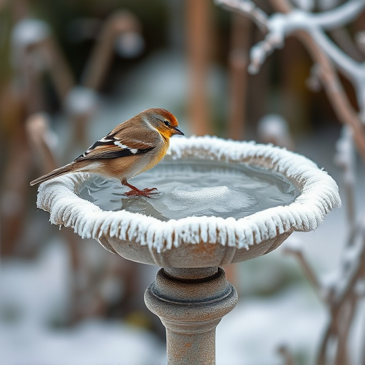 Frosty bird bath visited by small finch