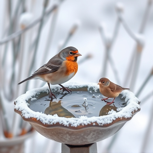 Frosty bird bath visited by small finch