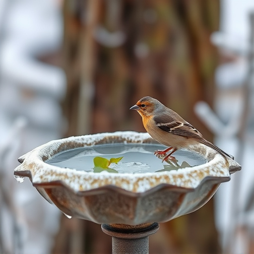 Frosty bird bath visited by small finch