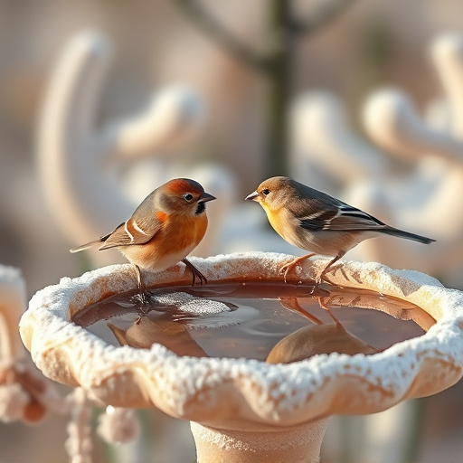 Frosty bird bath visited by small finch
