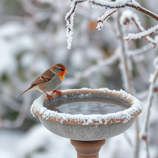Frosty bird bath visited by small finch