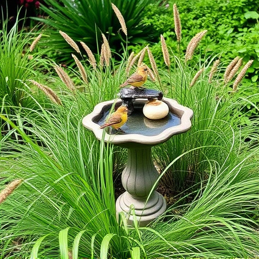 Garden bird bath surrounded by wild grass