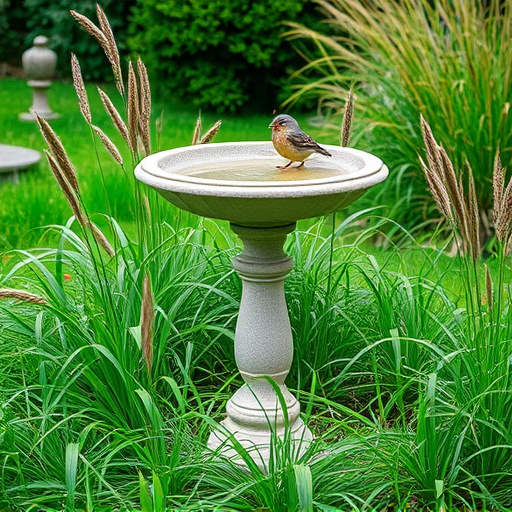 Garden bird bath surrounded by wild grass