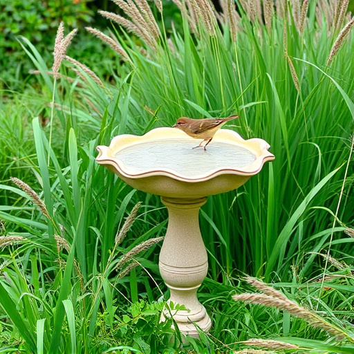 Garden bird bath surrounded by wild grass