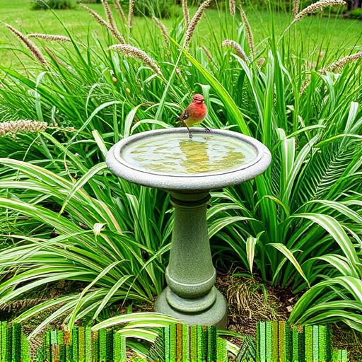 Garden bird bath surrounded by wild grass