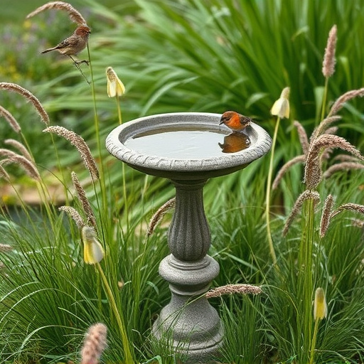 Garden bird bath surrounded by wild grass