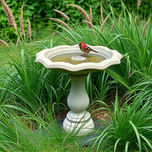 Garden bird bath surrounded by wild grass