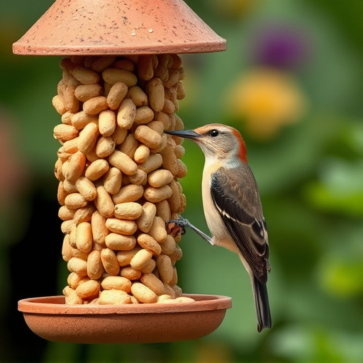 Garden bird pecking at hanging peanut feeder