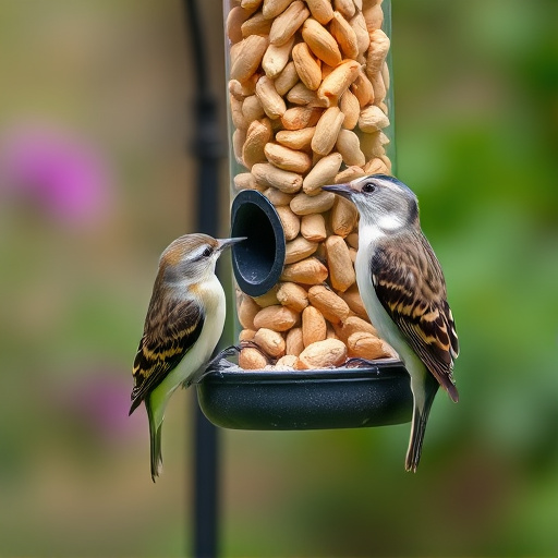Garden bird pecking at hanging peanut feeder