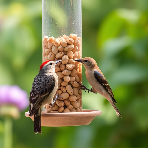 Garden bird pecking at hanging peanut feeder