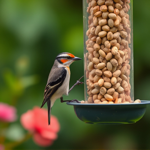 Garden bird pecking at hanging peanut feeder