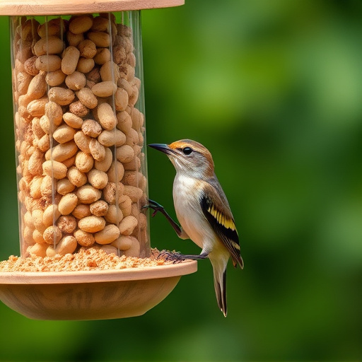 Garden bird pecking at hanging peanut feeder