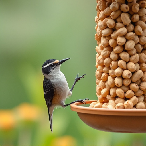 Garden bird pecking at hanging peanut feeder
