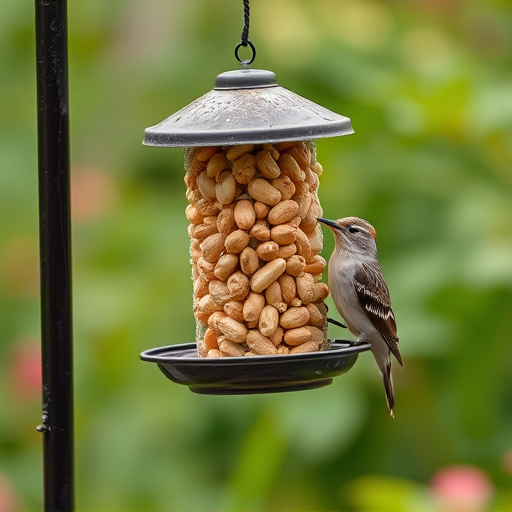 Garden bird pecking at hanging peanut feeder