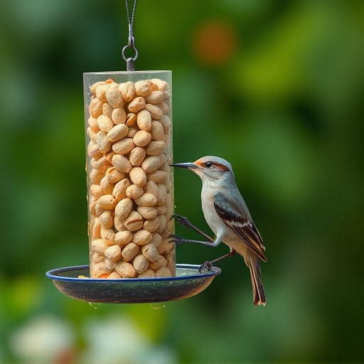 Garden bird pecking at hanging peanut feeder