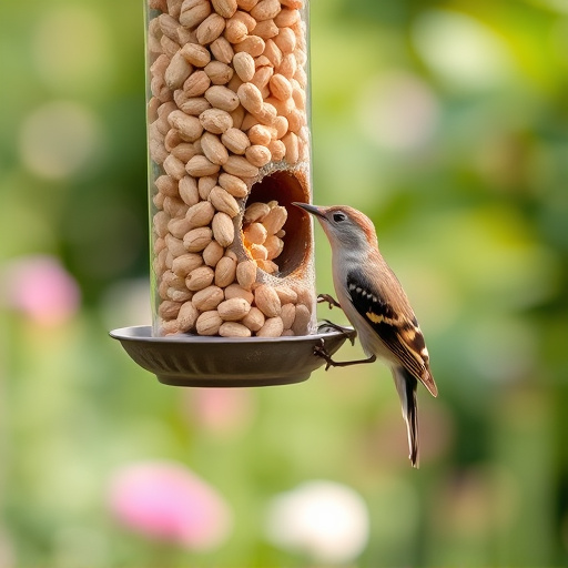 Garden bird pecking at hanging peanut feeder