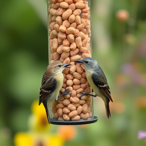Garden bird pecking at hanging peanut feeder
