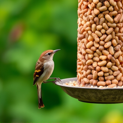 Garden bird pecking at hanging peanut feeder