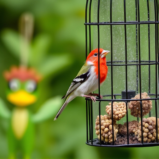 Garden bird perched on caged feeder